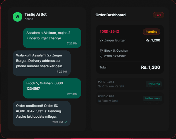 Tastiq AI customer chat and order dashboard